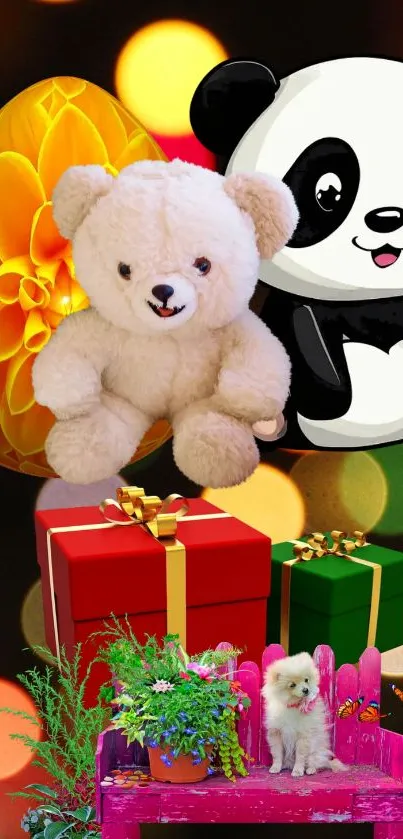 Mobile wallpaper with teddy, panda, gifts and flowers. Bright and colorful design.