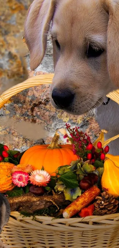 Adorable puppies and kitten with an autumn basket in a rustic setting.