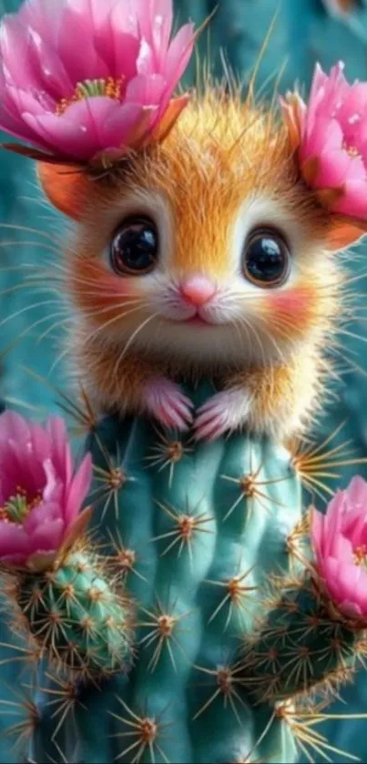 Cute furry creature with flowers on a cactus in a fantasy scene.