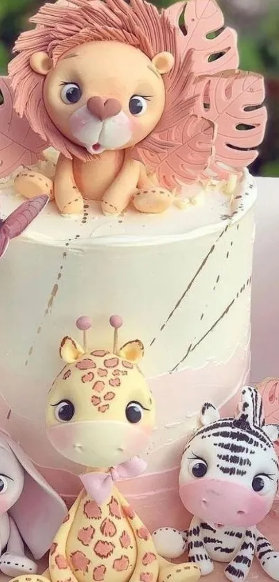 Cute animal-themed cake with lion, giraffe, zebra figures.