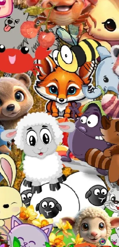 Cute cartoon animal collage with colorful characters.