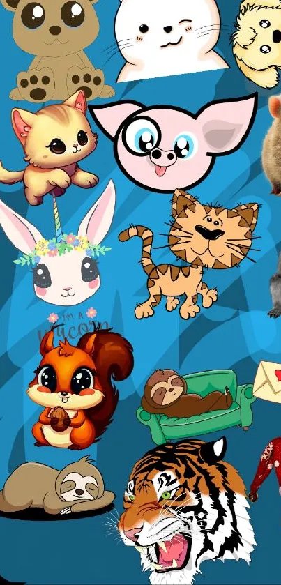 Mobile wallpaper featuring cute cartoon animals on a blue background.