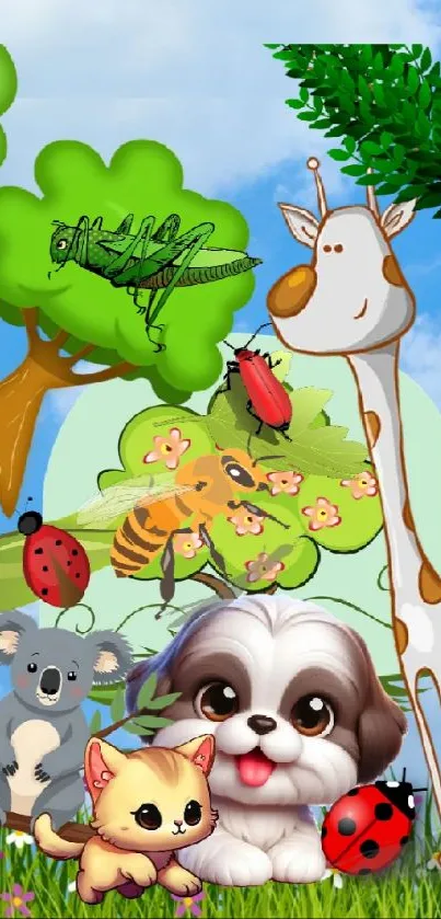 Cute cartoon animals in forest wallpaper with vibrant colors.