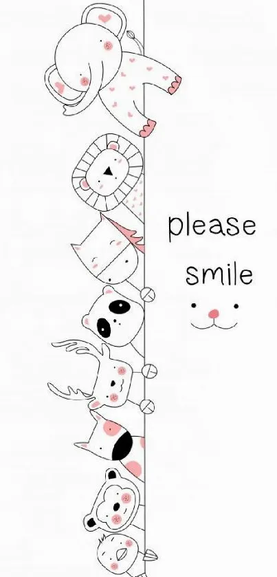 Cute cartoon animals with 'please smile' message on mobile wallpaper.