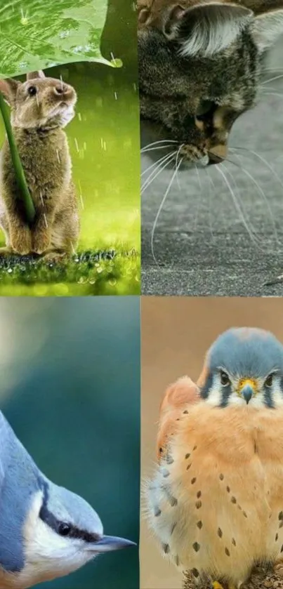 Adorable animals in a collage setup with nature background.