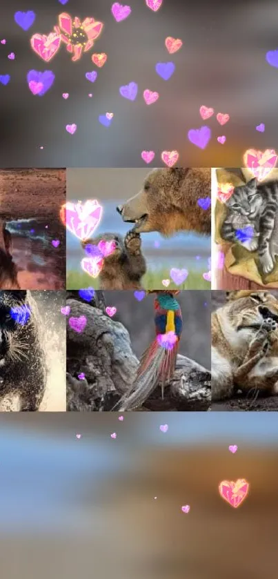 Cute animal collage with colorful heart accents for mobile wallpaper.