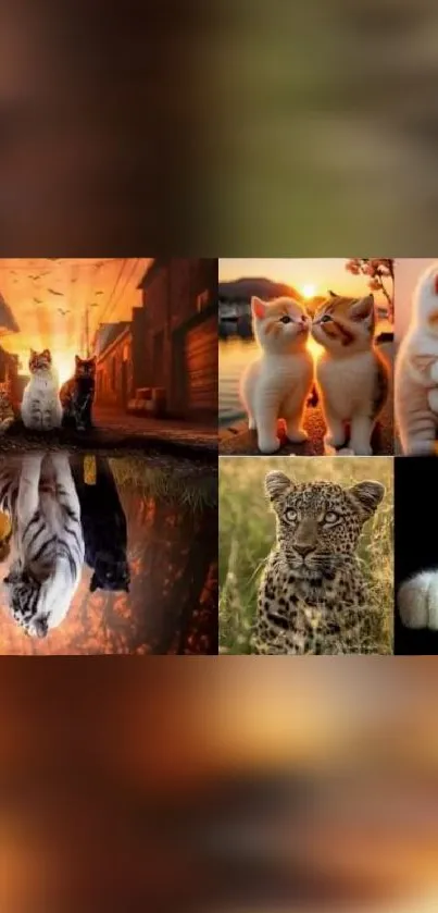 Collage of cute kittens, tigers, leopard, and cats in warm tones.