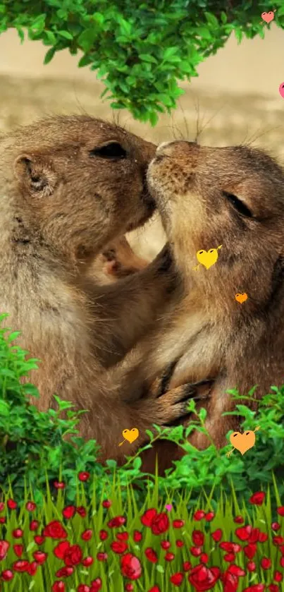 Adorable animal couple surrounded by green leaves and red flowers.