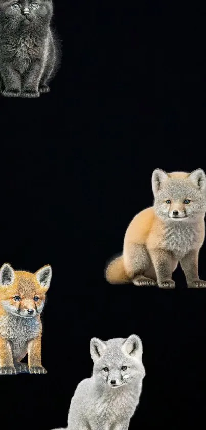 Cute cat and foxes on dark wallpaper art.