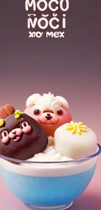 Mobile wallpaper featuring adorable animal-themed desserts in a colorful bowl.