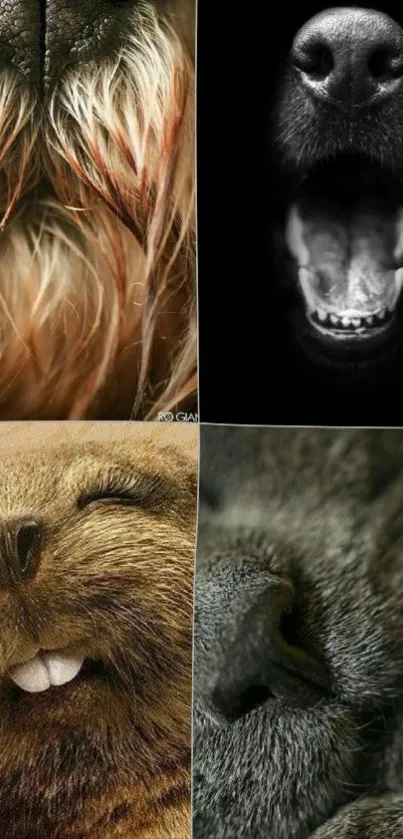 Quirky close-up animal faces in artistic design wallpaper.