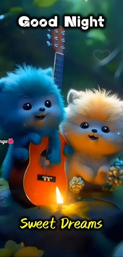 Cute animals playing guitar under night sky with 'Good Night' message.