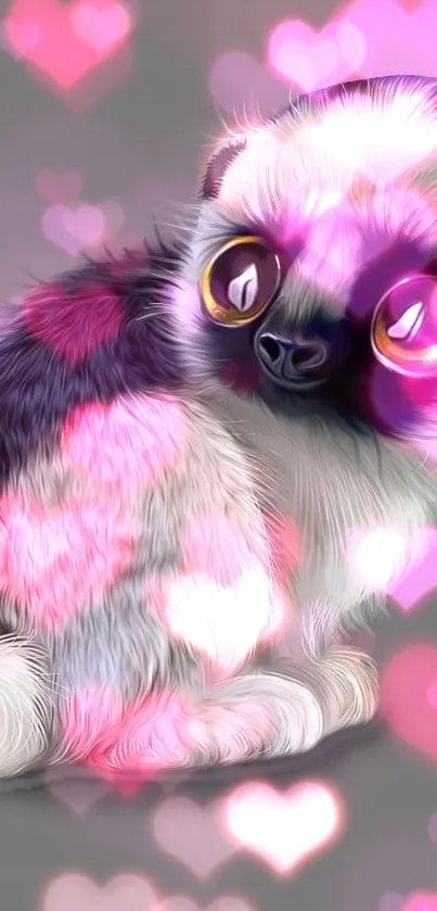 Adorable fluffy animal with pink hearts wallpaper.