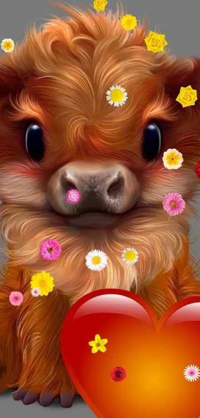 Cute animal with a heart design featuring colorful flowers.