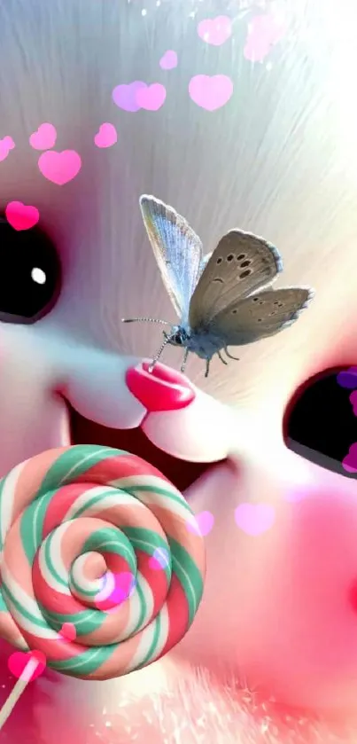 Adorable fluffy animal with butterfly and colorful lollipop.