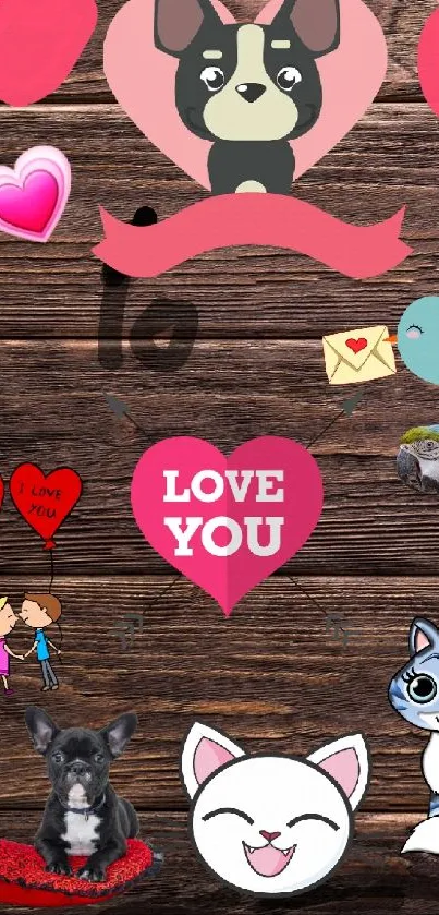 Cute cartoon animals with hearts on a rustic wood backdrop.