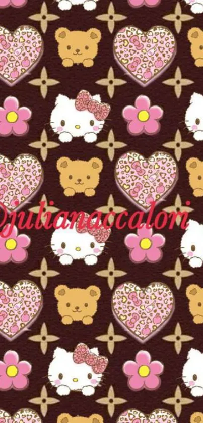 Cute animal pattern wallpaper with hearts, bears, and pink flowers.