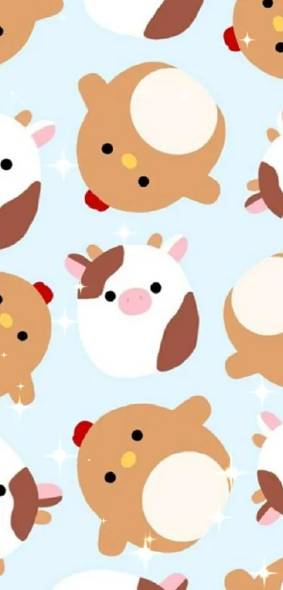 Cute cartoon animals on a sky blue wallpaper.