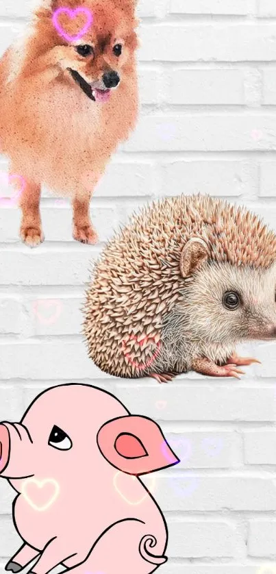 Cute fluffy dog, hedgehog, and cartoon pig with pastel hearts on white brick wall.