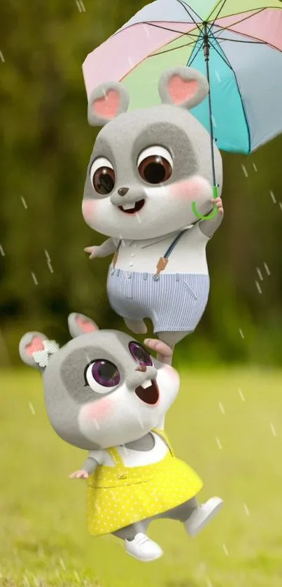 Cute cartoon animals sharing an umbrella in a vivid mobile wallpaper.