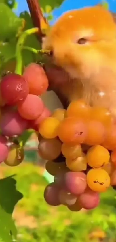 Cute orange animal eating grapes on a vine.