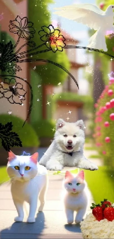 Cute cats and dog on a vibrant pathway with berries and flowers.