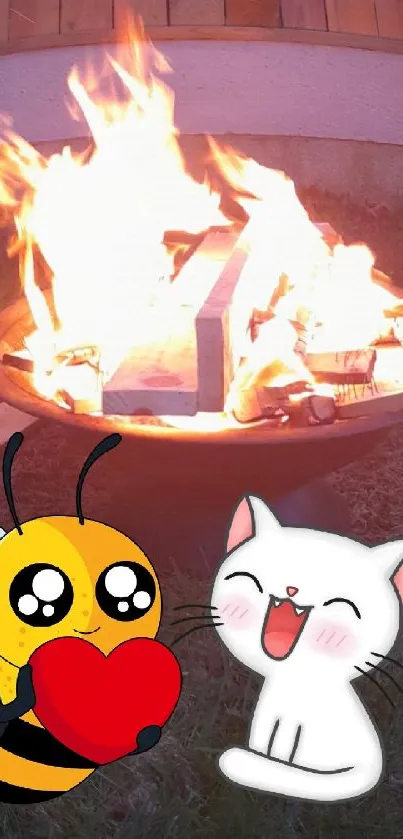 Cute cartoon bee and cat by a warm fire.