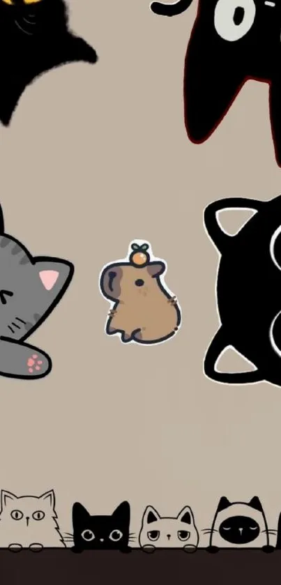Cute cartoon animals and cats on beige background.