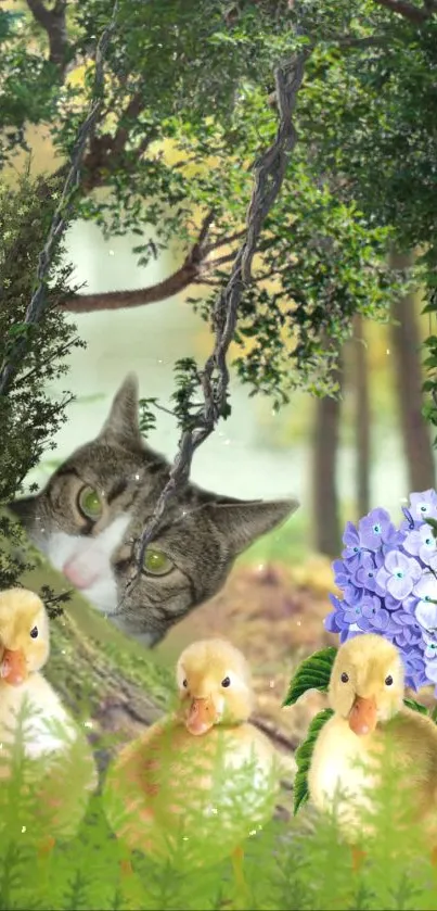 Cute ducklings and a cat in a forest with hydrangeas.