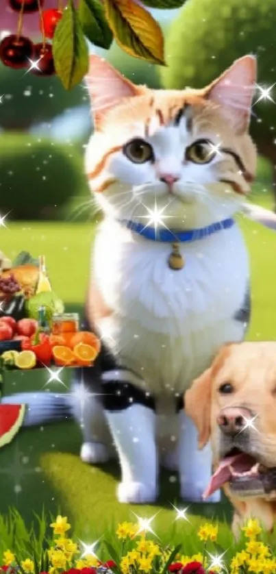 Cute cat and dog in vibrant nature scene with flowers and fruit.