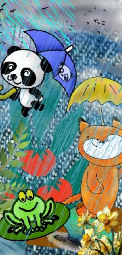 Cute cartoon animals with umbrellas in a colorful, rainy mobile wallpaper.