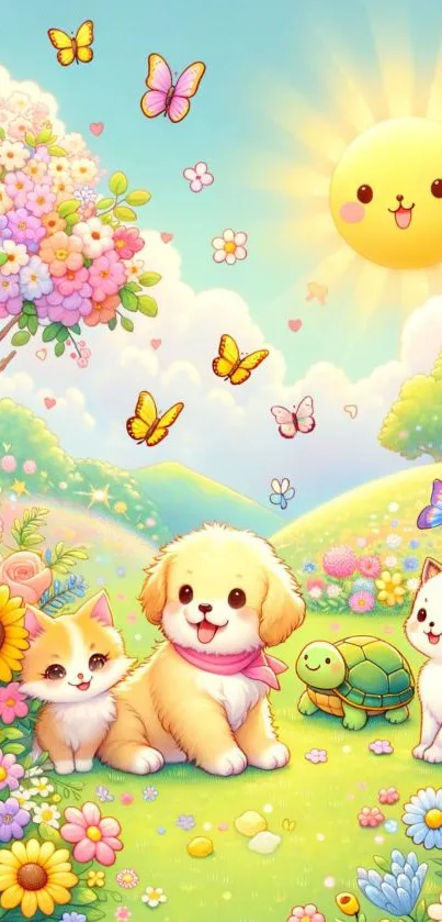 Cute animals in a sunny cartoon meadow.