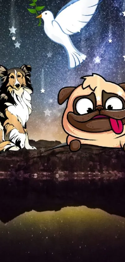 Cartoon animals under a starry night sky with a collie, pug, and dove.