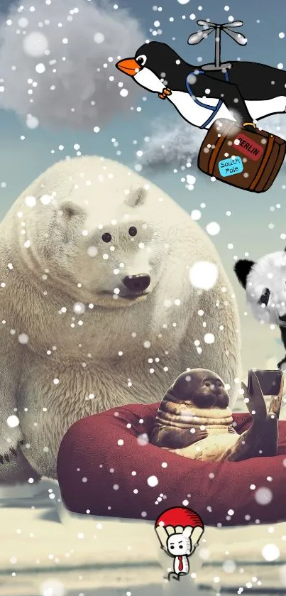 Whimsical wallpaper with polar bear and panda in a snowy setting.