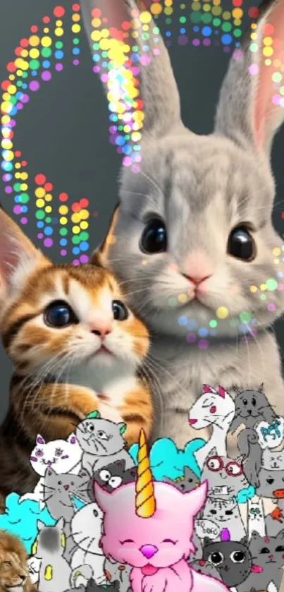 Cute cat and rabbit with colorful lights and animated designs.