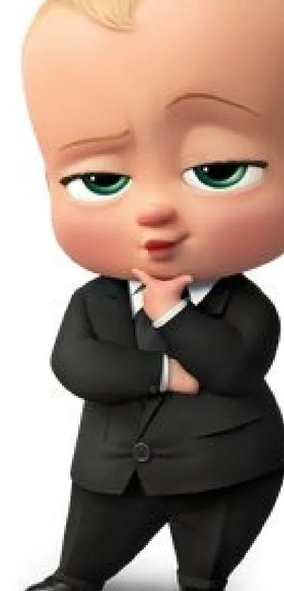 Adorable animated baby boss in black suit illustrated on mobile wallpaper.