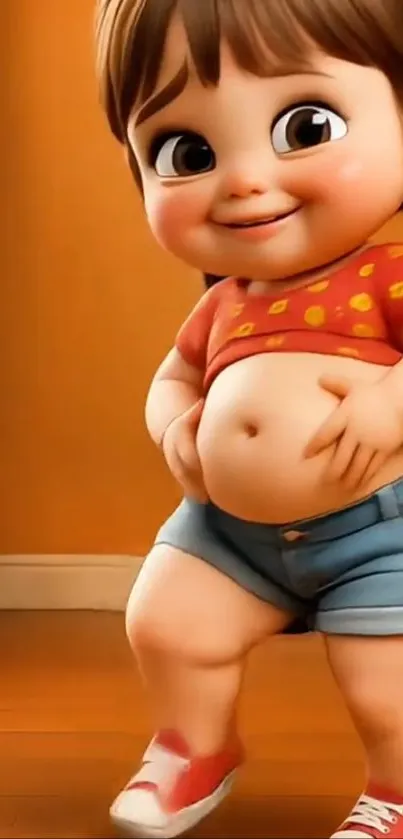 Cute animated baby with orange background and playful expression.