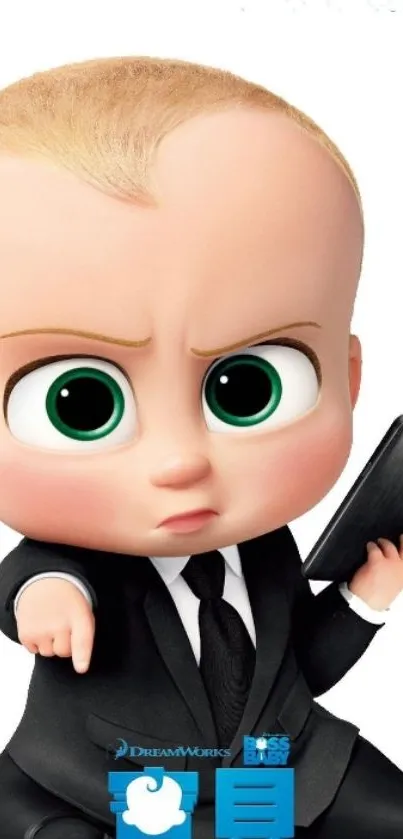 Cute animated baby in a suit with a phone on white background.