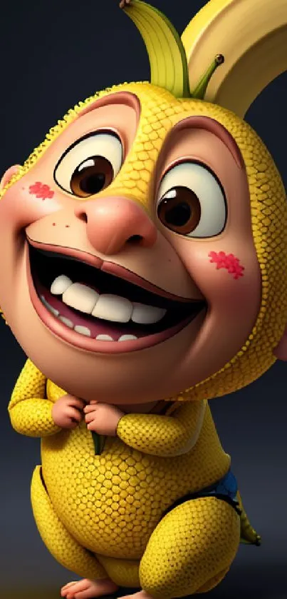 Cute animated character in banana costume on dark background.