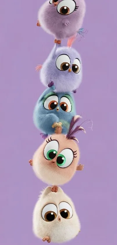 Adorable stack of fluffy animated birds on lavender background.