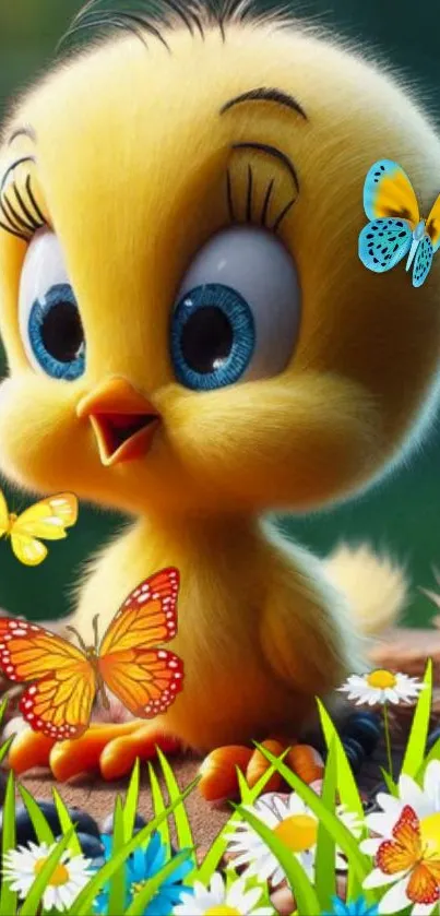 Adorable cartoon chick surrounded by berries.