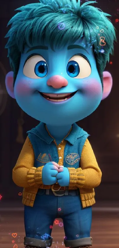 Cute blue animated character with yellow vest and jeans.