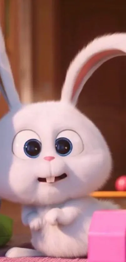 Adorable animated white bunny with big blue eyes on a mobile wallpaper.