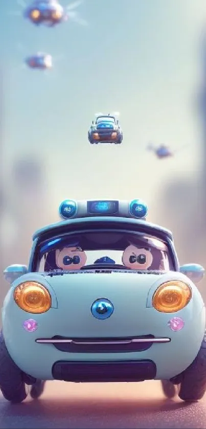 Cute animated car in digital cityscape wallpaper