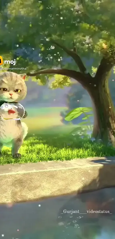 Animated cat holding fish by a riverside in a green forest background.