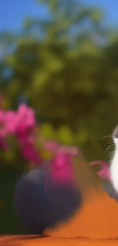 Charming animated cat with pink flowers and green background.