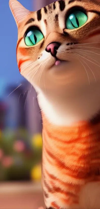 Animated cat with green eyes and orange stripes in a colorful setting.