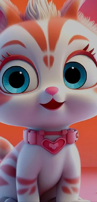 Cute animated cat wallpaper with pink heart collar on orange background.