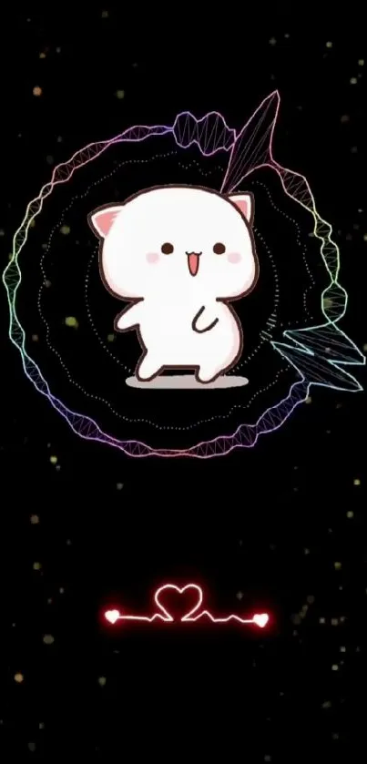 Cute animated cat with neon cosmic background.