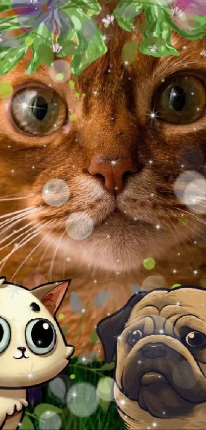 Whimsical brown cat with cartoon characters on a mobile wallpaper.